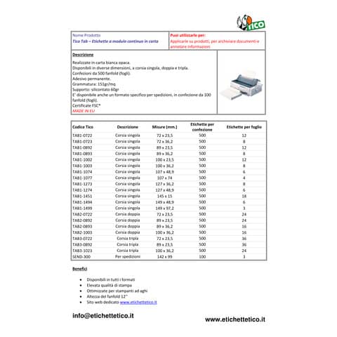 Etichette bianche a modulo continuo TICO Tab 1 corsia 89x36,2 mm - 8 et/foglio - 500 fogli -  4000 etichette - TAB1-0893